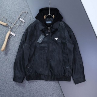 [ P ] 삼각로고 기모 하이브리드 후드 레더 융기모 자켓