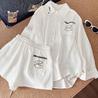 샤* 25 자수 텐셀 린넨 셔츠 & 팬츠 세트 - 수입 (여성)