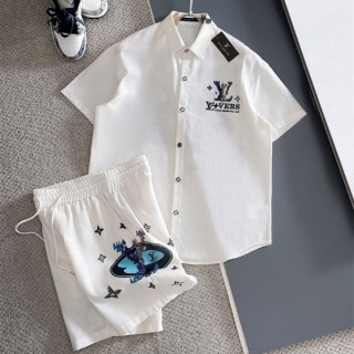 루* LV 멀티로고 프린티드 린넨 셔츠 & 반바지 세트