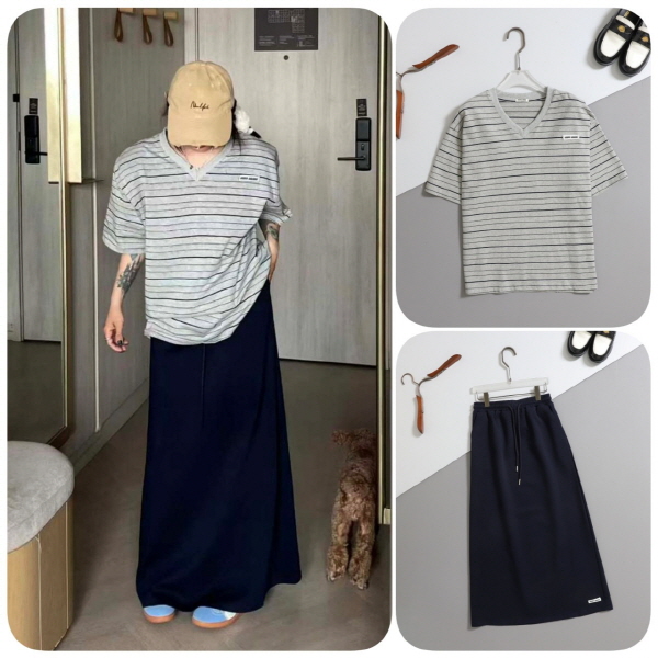 미* 수입 스트라이프 브이넥 반팔 티셔츠 & 핀턱 밴딩 롱 스커트 SET -그레이- (여성)