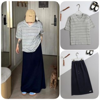 미* 수입 스트라이프 브이넥 반팔 티셔츠 & 핀턱 밴딩 롱 스커트 SET -그레이- (여성)